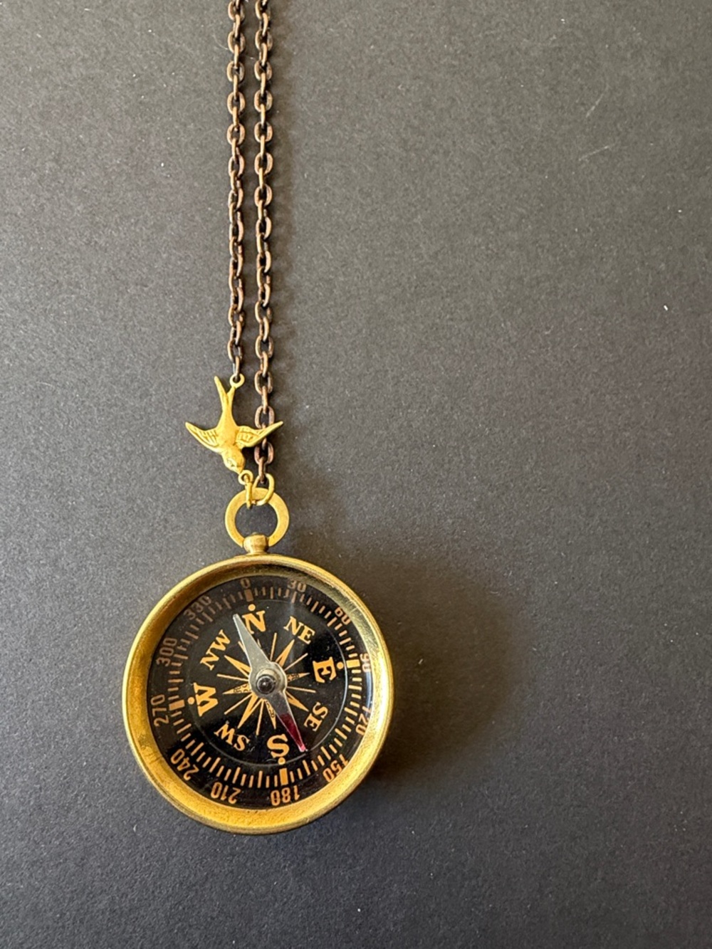 Vintage-Style Gold Compass Pendant Necklace with Bird Accent! New!